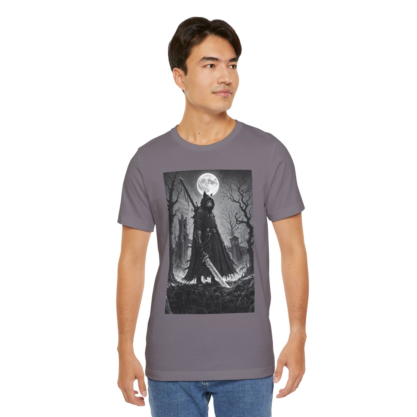 Gothic Moonlight Cat Warrior Tee, Unisex Graphic Shirt, Spooky Apparel, Gift for Horror Fans, Casual Wear for Halloween
