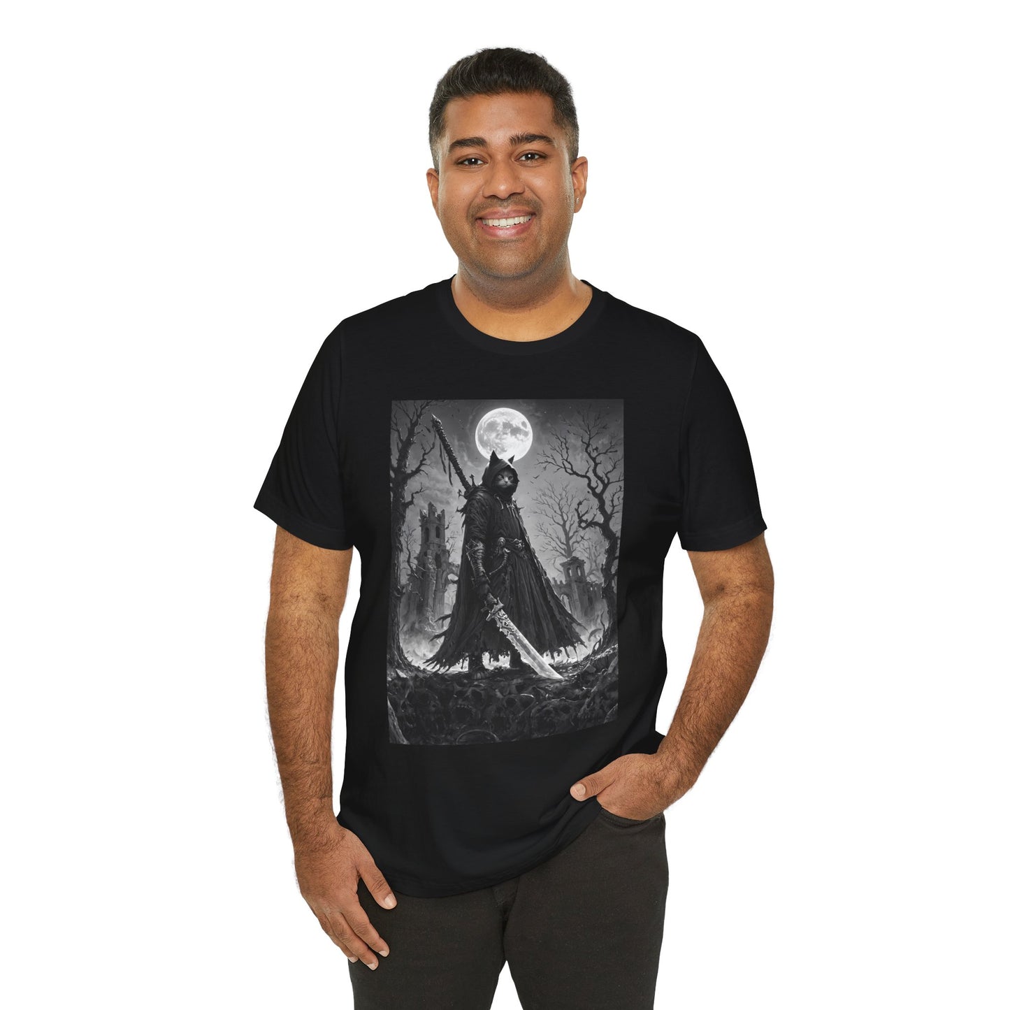 Gothic Moonlight Cat Warrior Tee, Unisex Graphic Shirt, Spooky Apparel, Gift for Horror Fans, Casual Wear for Halloween