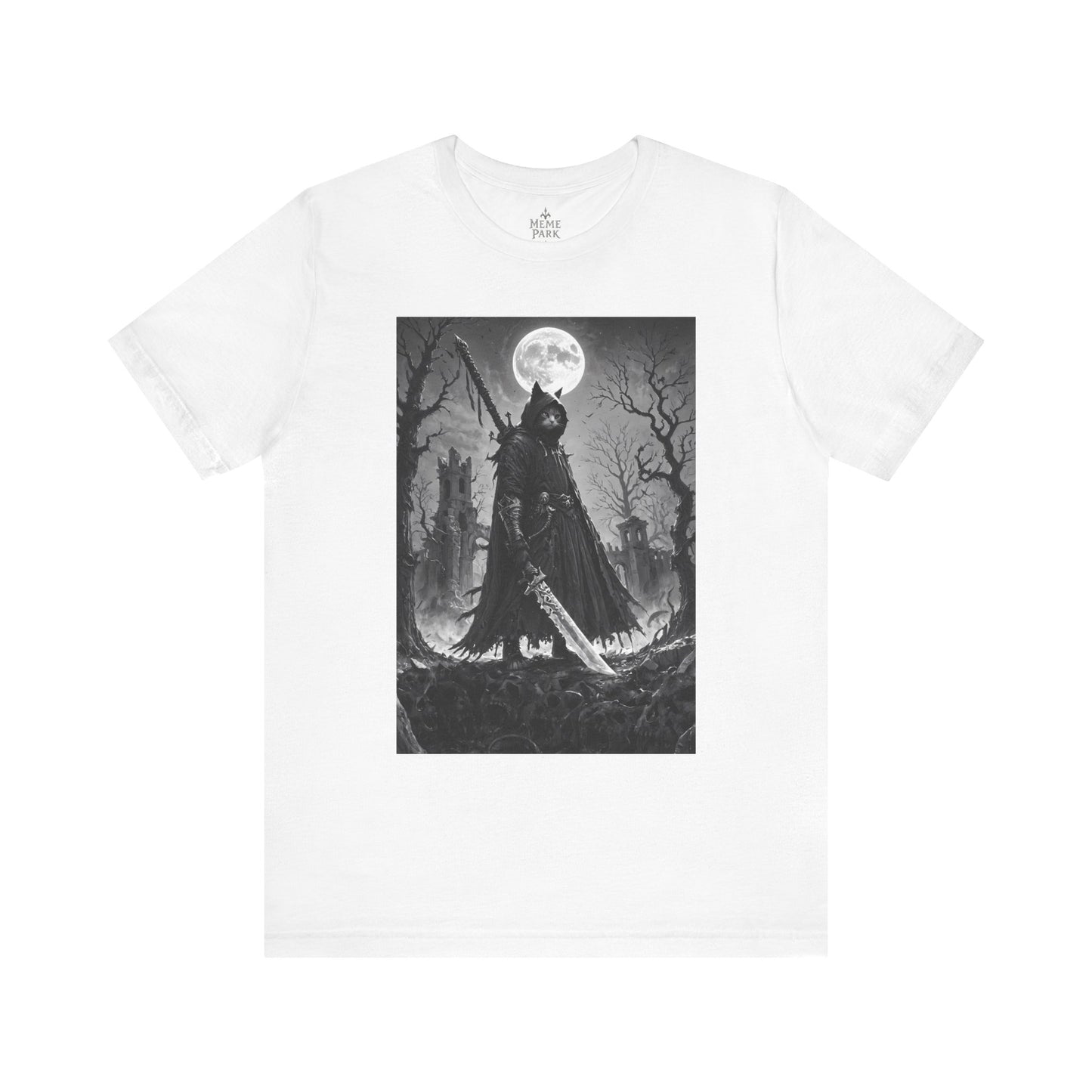 Gothic Moonlight Cat Warrior Tee, Unisex Graphic Shirt, Spooky Apparel, Gift for Horror Fans, Casual Wear for Halloween