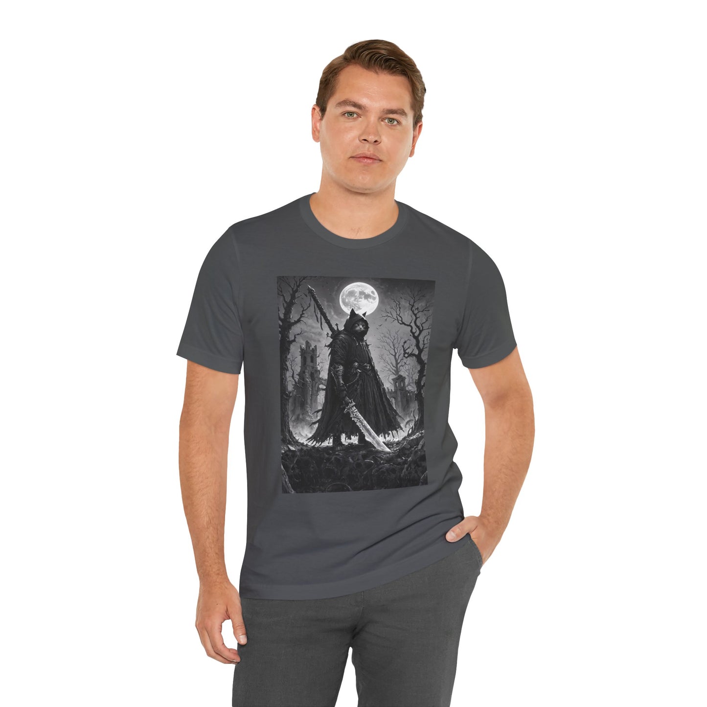 Gothic Moonlight Cat Warrior Tee, Unisex Graphic Shirt, Spooky Apparel, Gift for Horror Fans, Casual Wear for Halloween