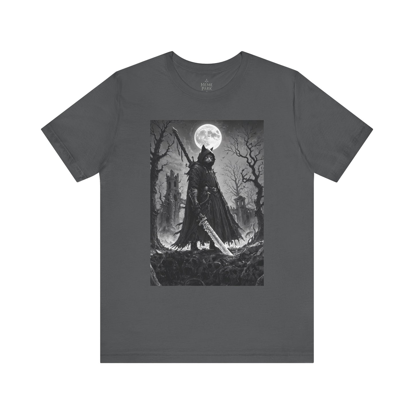 Gothic Moonlight Cat Warrior Tee, Unisex Graphic Shirt, Spooky Apparel, Gift for Horror Fans, Casual Wear for Halloween