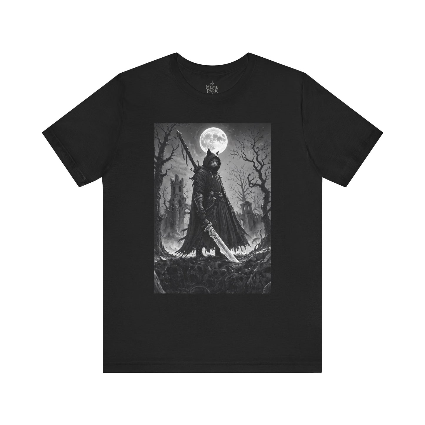 Gothic Moonlight Cat Warrior Tee, Unisex Graphic Shirt, Spooky Apparel, Gift for Horror Fans, Casual Wear for Halloween