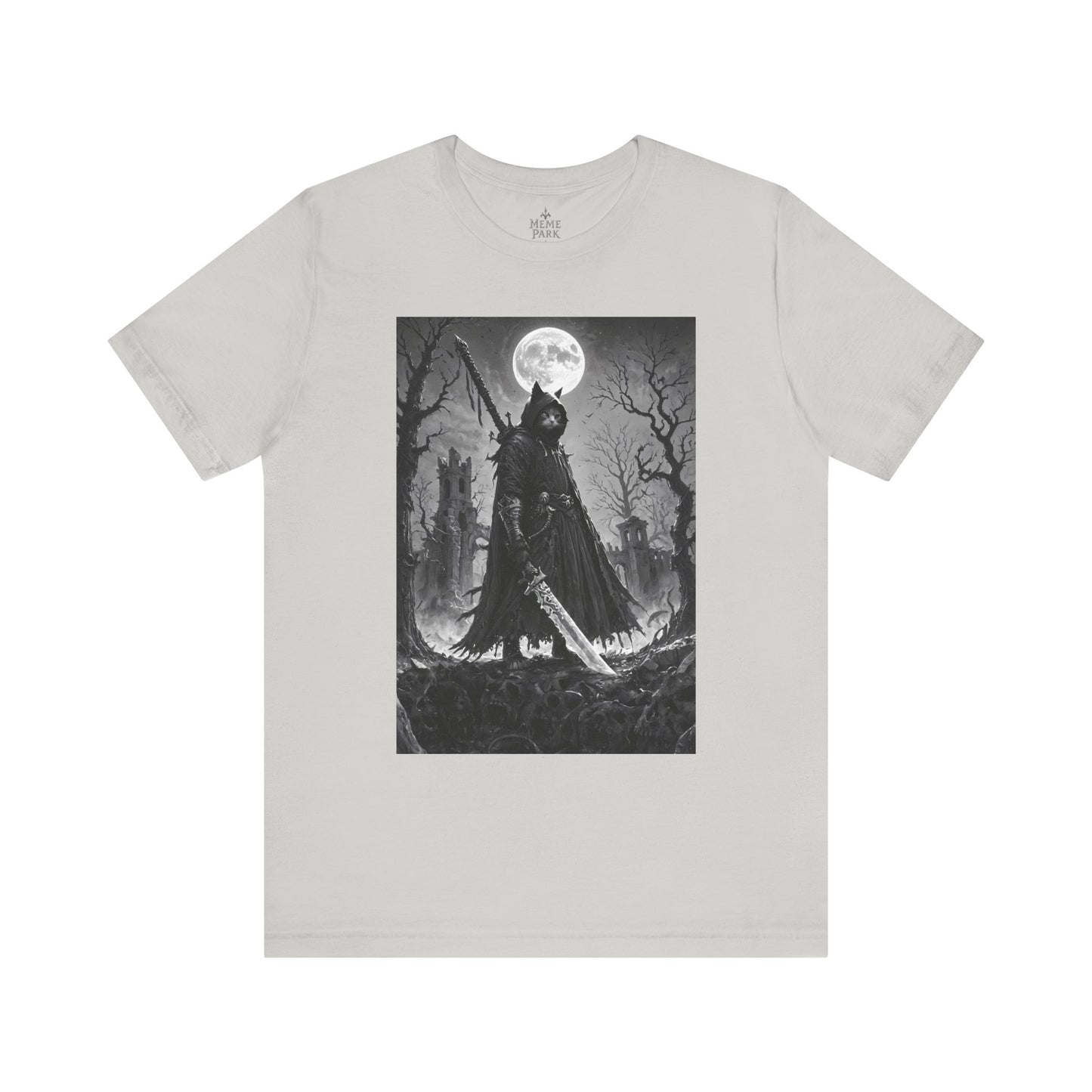 Gothic Moonlight Cat Warrior Tee, Unisex Graphic Shirt, Spooky Apparel, Gift for Horror Fans, Casual Wear for Halloween