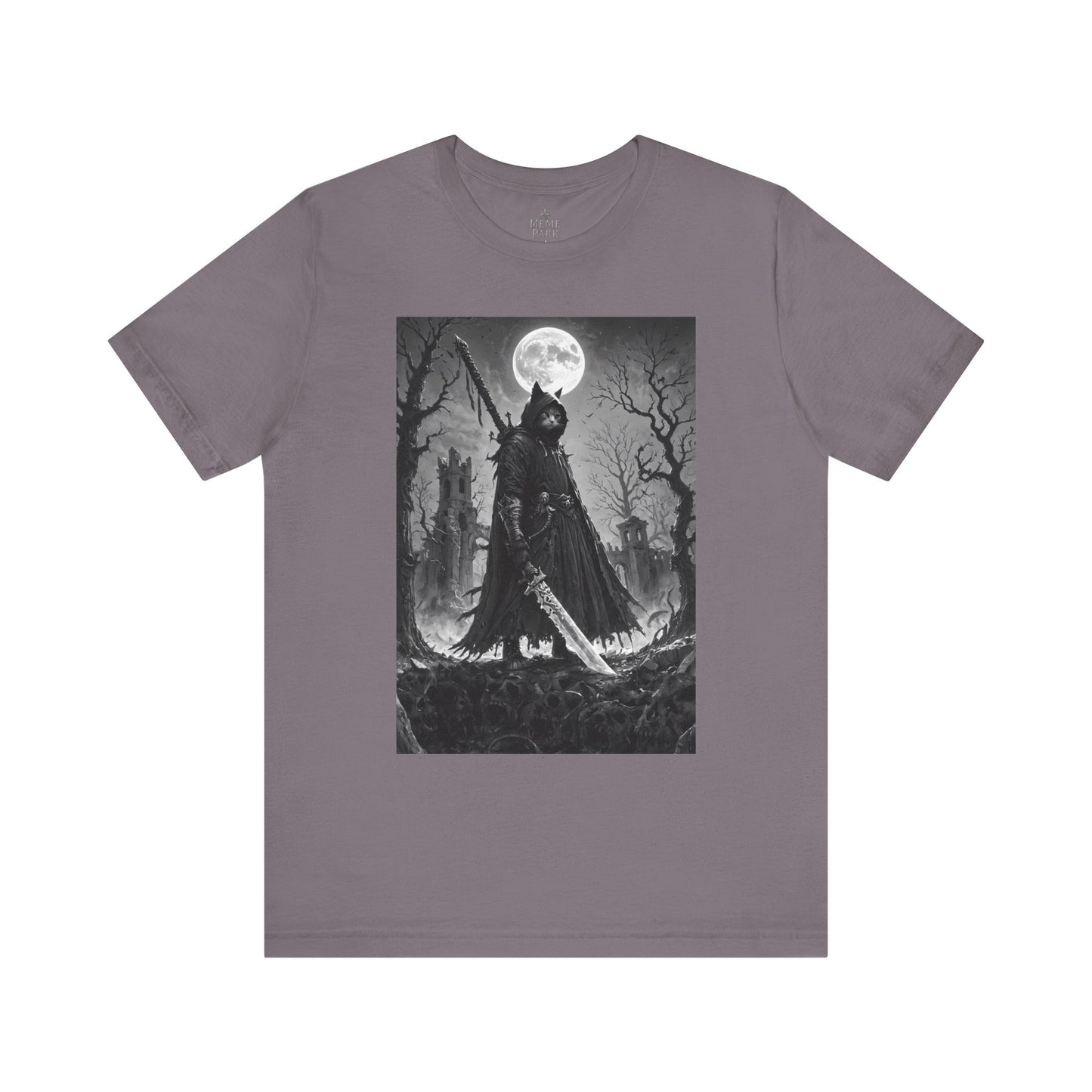Gothic Moonlight Cat Warrior Tee, Unisex Graphic Shirt, Spooky Apparel, Gift for Horror Fans, Casual Wear for Halloween