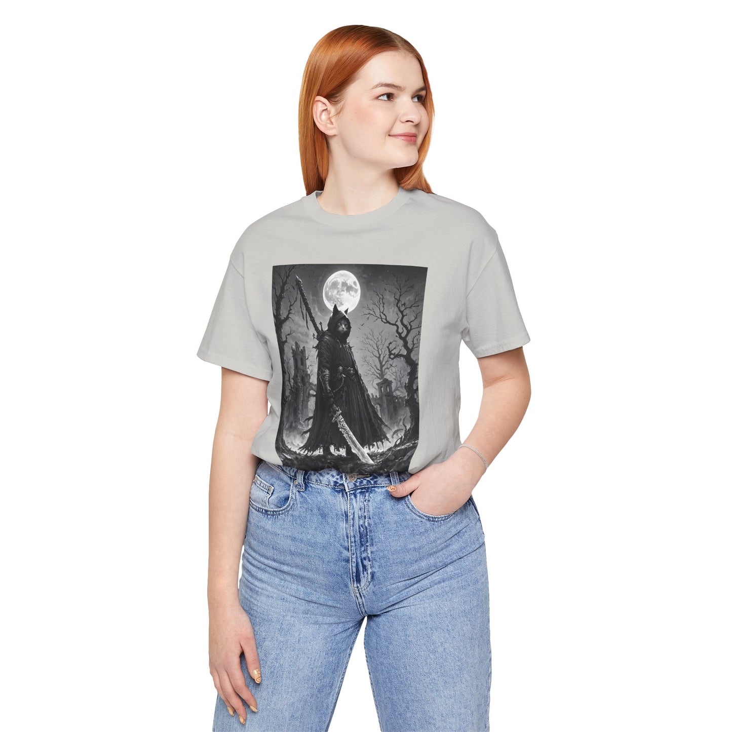 Gothic Moonlight Cat Warrior Tee, Unisex Graphic Shirt, Spooky Apparel, Gift for Horror Fans, Casual Wear for Halloween