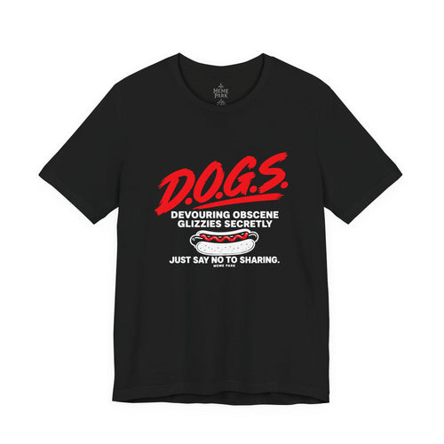 Black D.O.G.S. Hot Dog Tee, front view with red D.O.G.S. lettering, a hot dog, and Devouring Obscene Glizzies Secretly text.