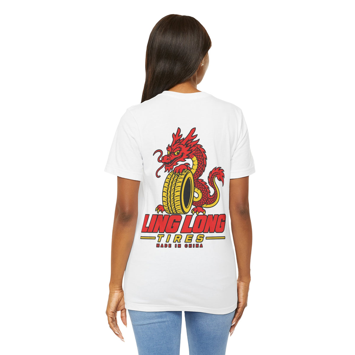 Model wearing a white Ling Long Tires Tee, rear view showing the large red dragon and yellow tire graphic.