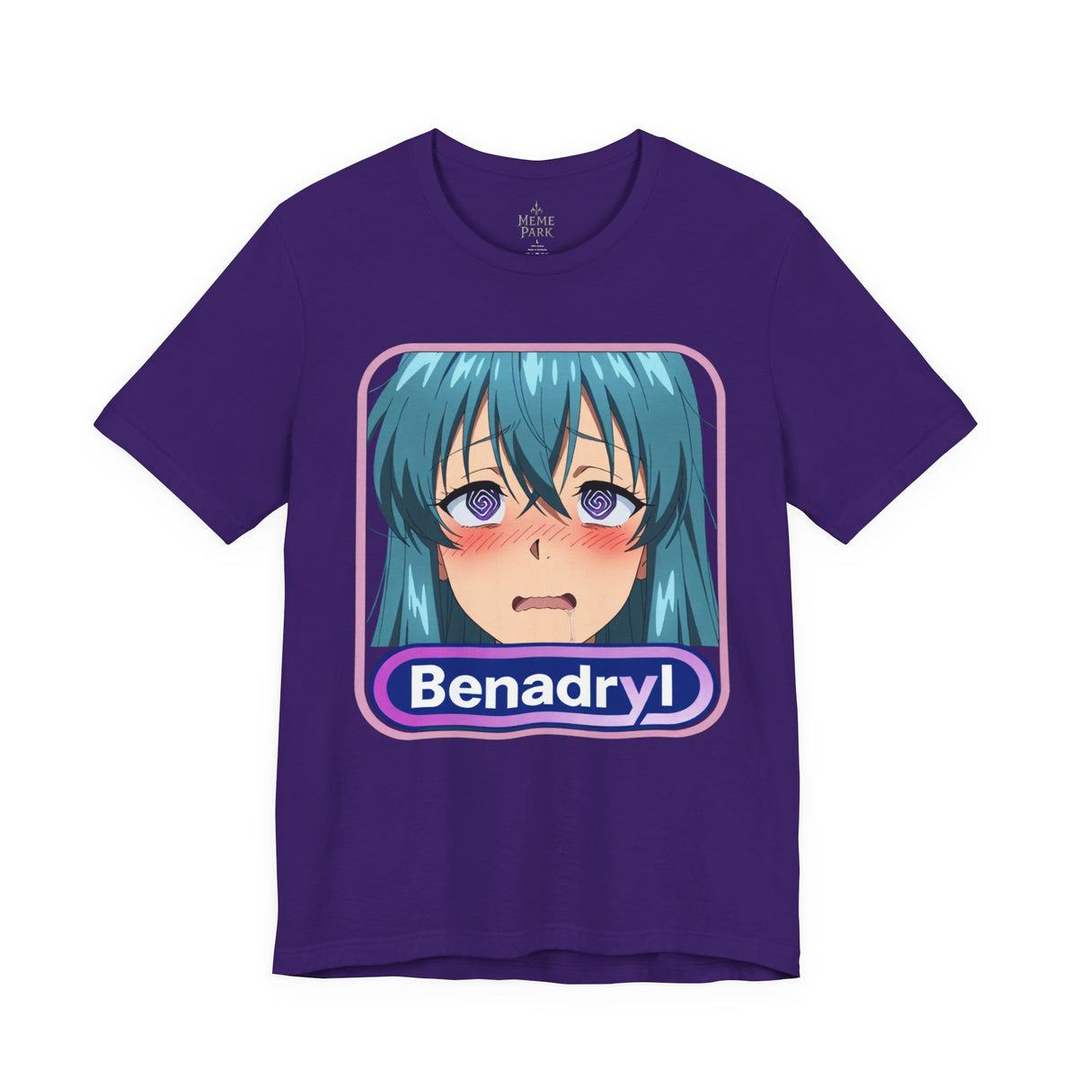 Purple Benadryl Anime Tee, front view with a teal-haired anime face and purple Benadryl lettering.