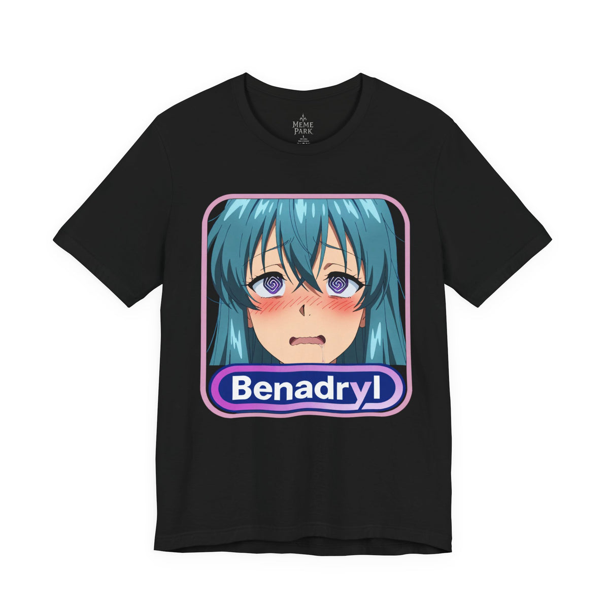 Black Benadryl Anime Tee, front view with a teal-haired anime face and purple Benadryl lettering.