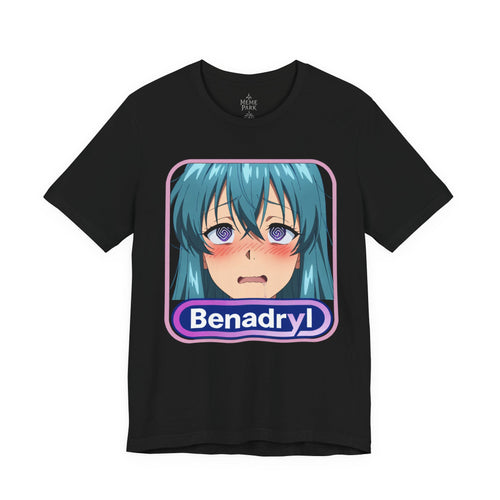Black Benadryl Anime Tee, front view with a teal-haired anime face and purple Benadryl lettering.