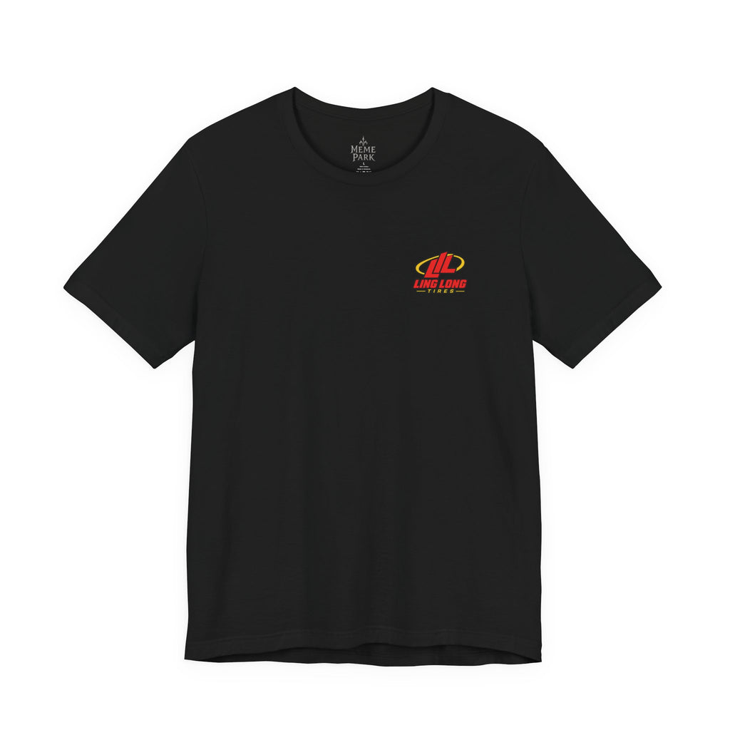 Black Ling Long Tires Tee, front view with a small red-and-yellow logo on the left chest.