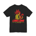 Black Ling Long Tires Tee, back view with a red dragon around a yellow tire and Ling Long Tires lettering.