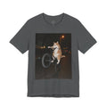 Dark gray BMX Cat Tee, front view with an orange-and-white cat doing a bicycle wheelie at night.