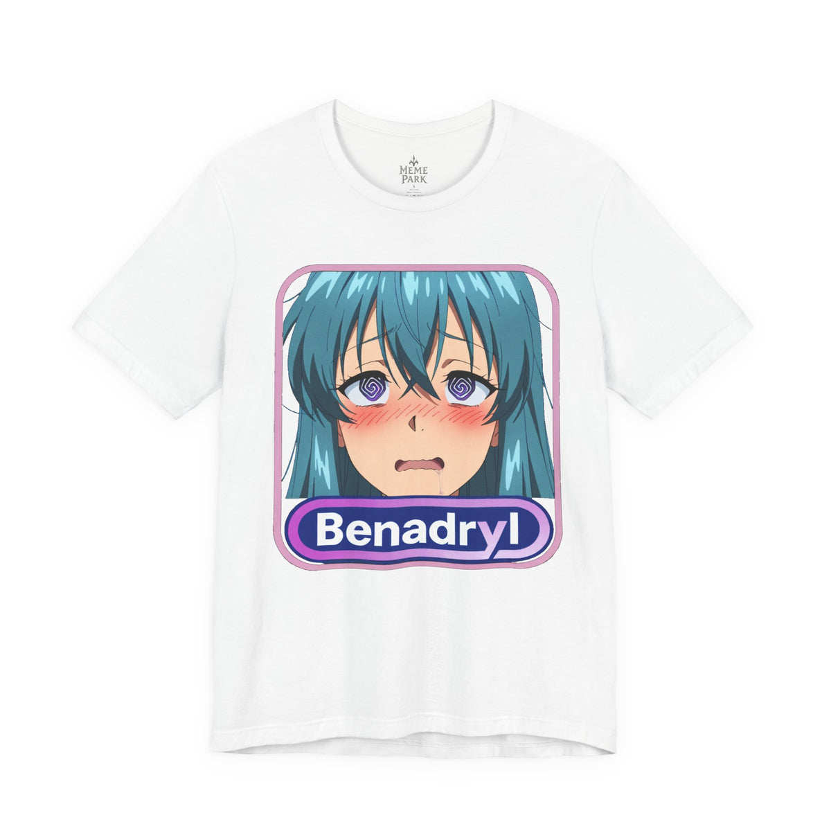 White Benadryl Anime Tee, front view with a teal-haired anime face and purple Benadryl lettering.