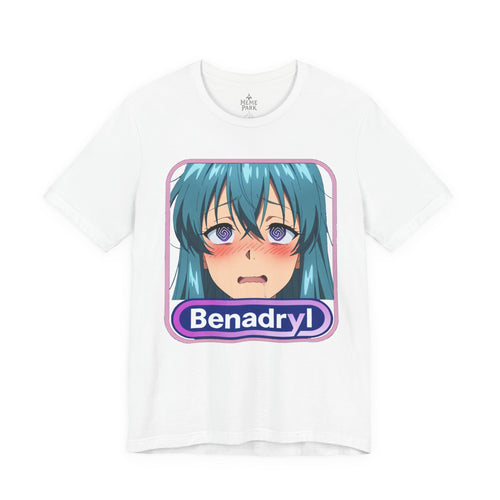 White Benadryl Anime Tee, front view with a teal-haired anime face and purple Benadryl lettering.