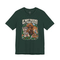 Forest green If Not Friend, Why Friend Shaped? Tee, front view with cartoon woodland animals beneath cream lettering.