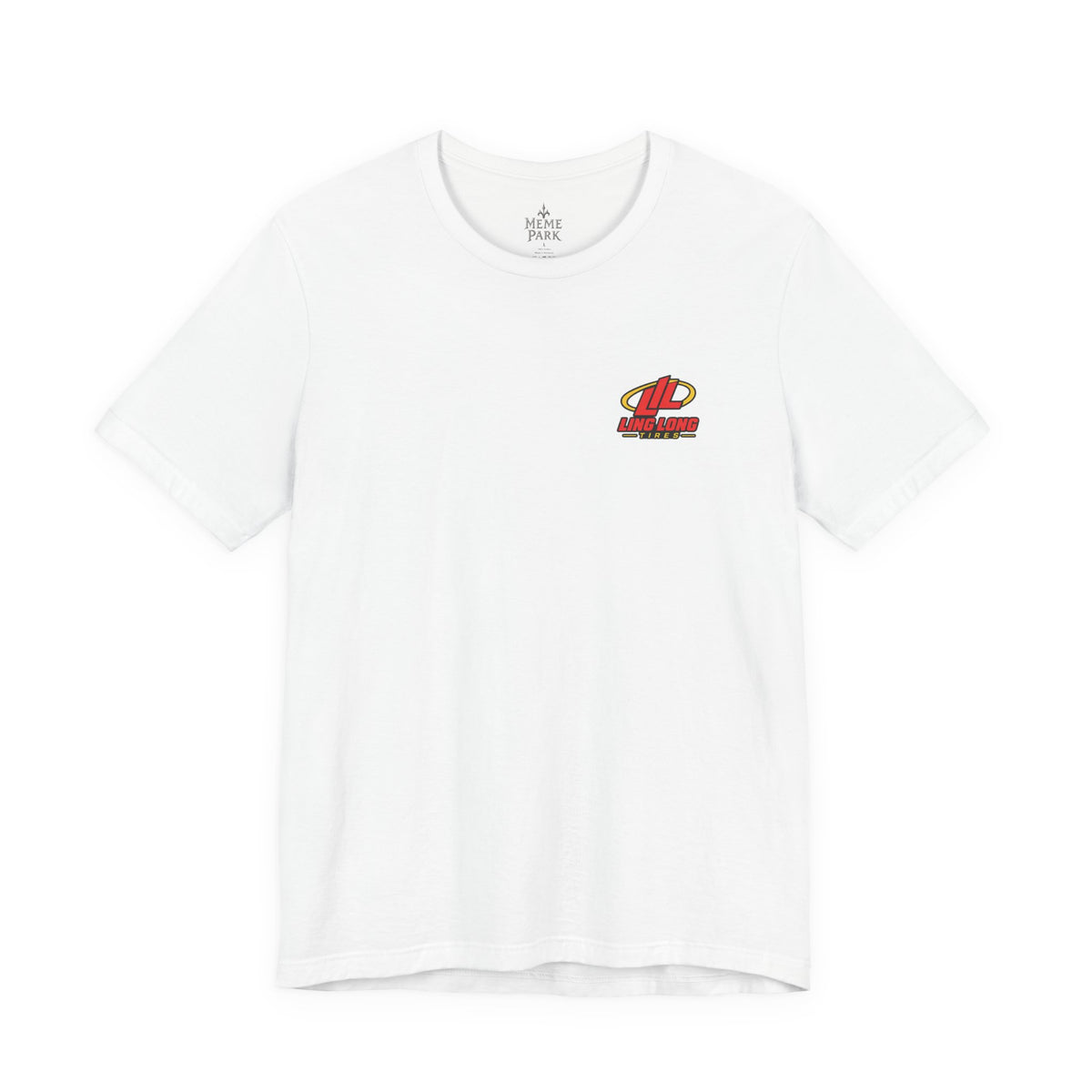White Ling Long Tires Tee, front view with a small red-and-yellow logo on the left chest.