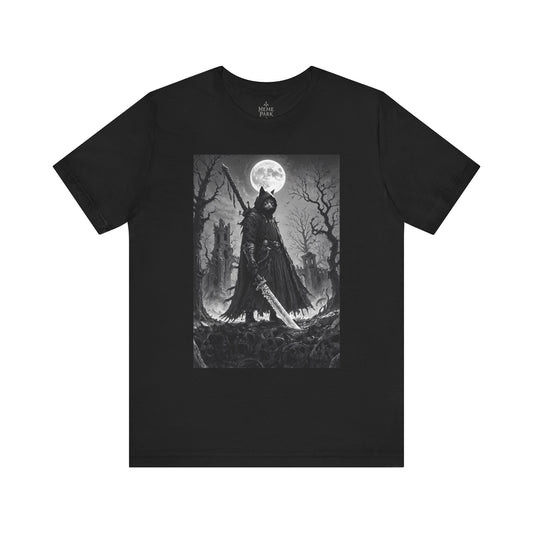 Gothic Moonlight Cat Warrior Tee, Unisex Graphic Shirt, Spooky Apparel, Gift for Horror Fans, Casual Wear for Halloween
