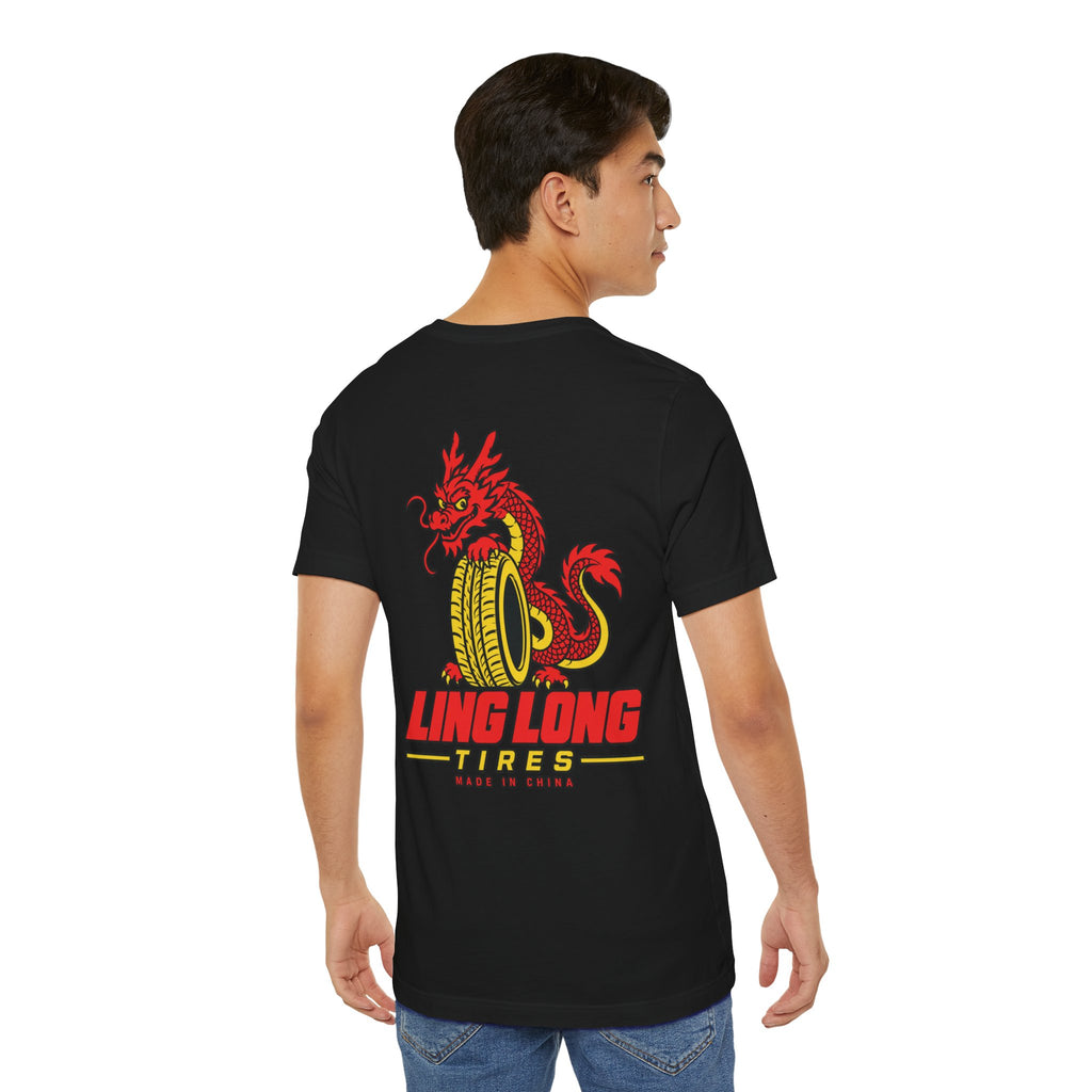 Model wearing a black Ling Long Tires Tee, rear view showing the large red dragon and yellow tire graphic.