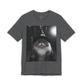 Dark gray Wizard Cat Tee, front view with a grayscale fluffy cat in a wizard hat against a moonlit forest.