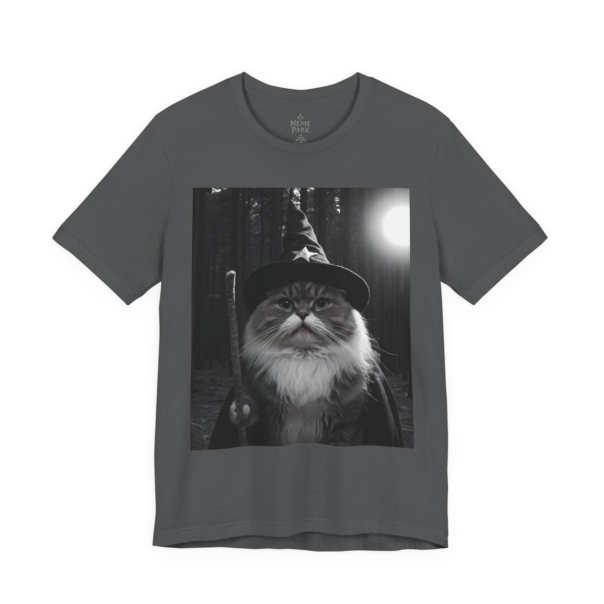 Dark gray Wizard Cat Tee, front view with a grayscale fluffy cat in a wizard hat against a moonlit forest.