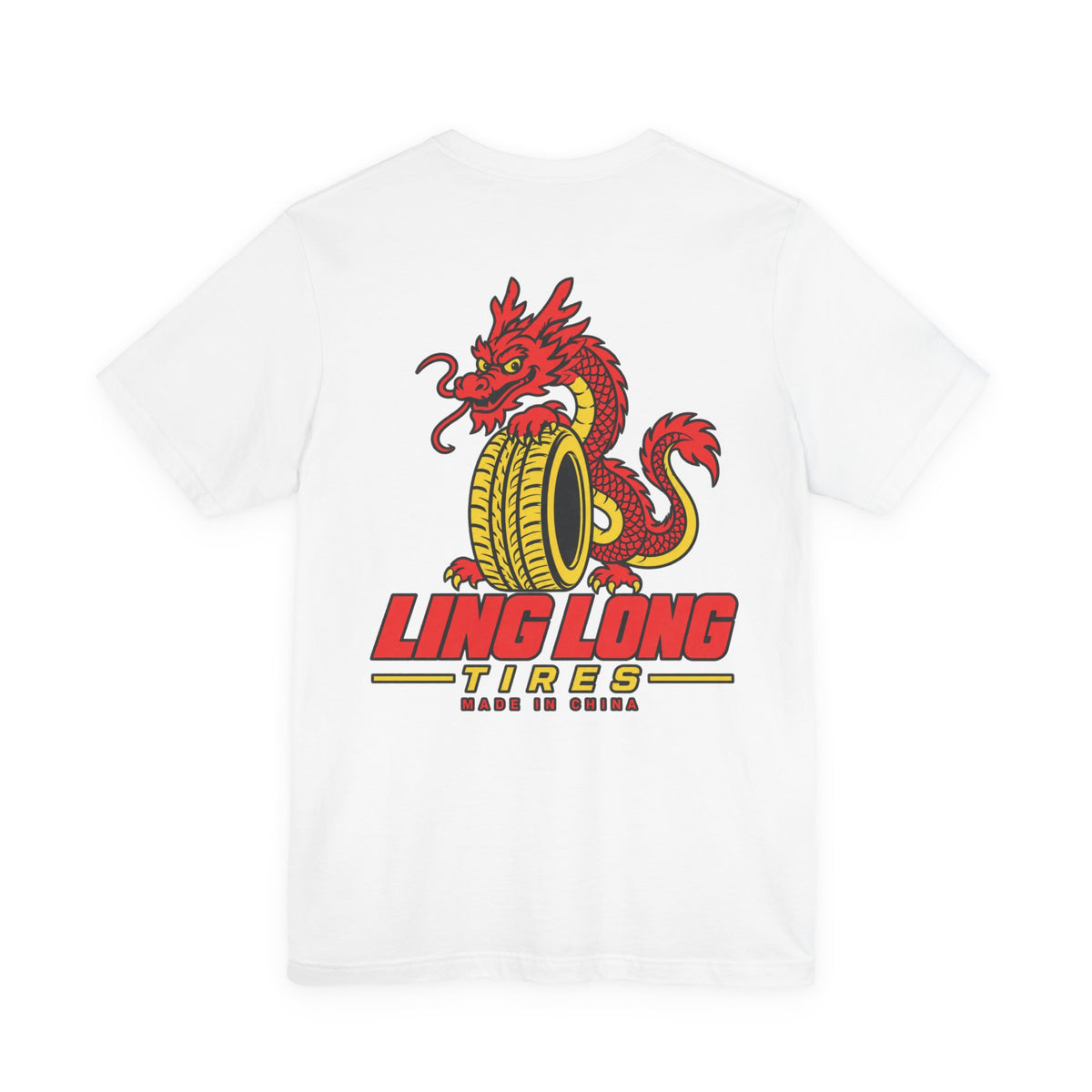 White Ling Long Tires Tee, back view with a red dragon around a yellow tire and Ling Long Tires lettering.