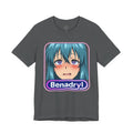 Dark gray Benadryl Anime Tee, front view with a teal-haired anime face and purple Benadryl lettering.