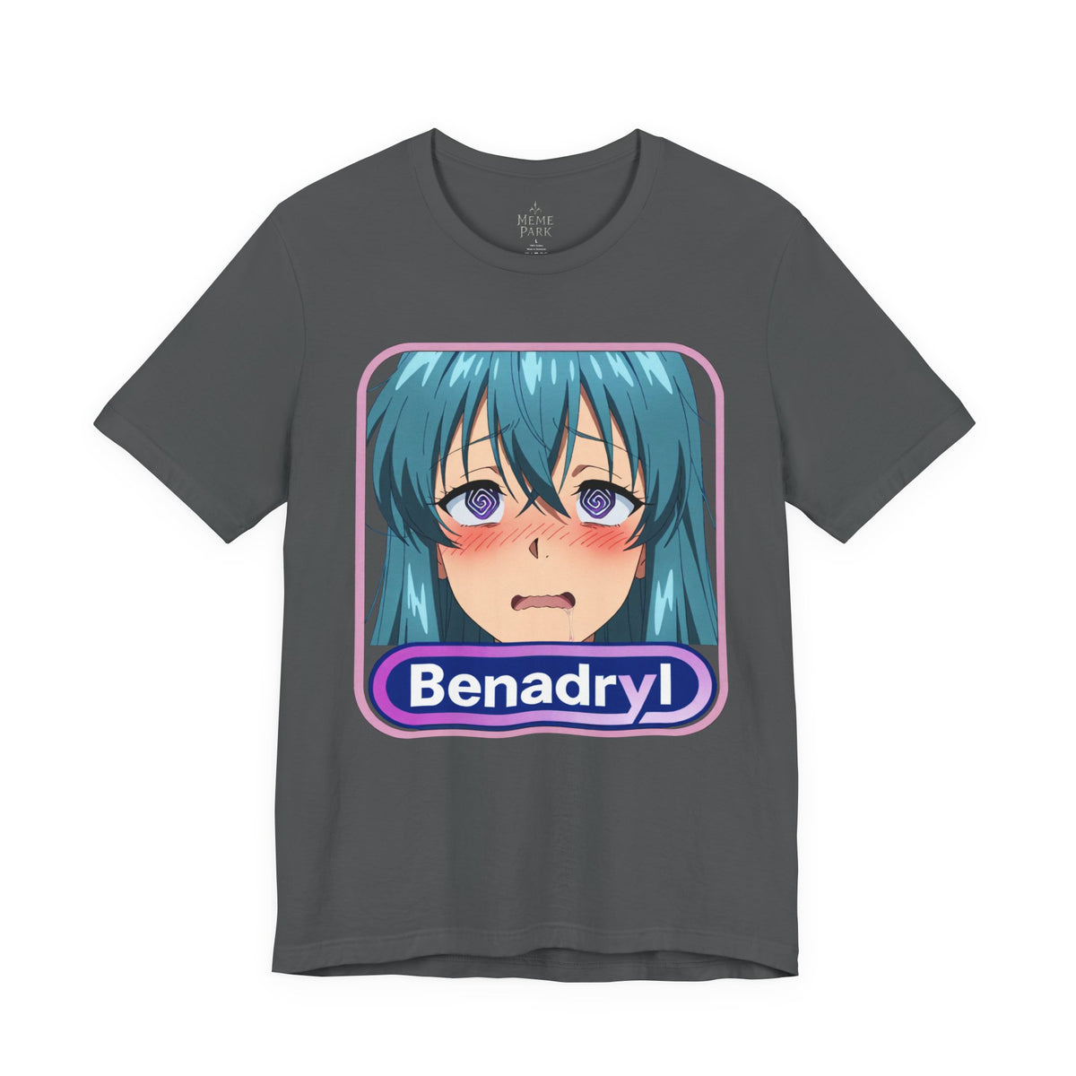 Dark gray Benadryl Anime Tee, front view with a teal-haired anime face and purple Benadryl lettering.